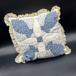 Vintage Quilted Throw Pillow Blue White Floral Lace Trim Decorative Cushion 80s